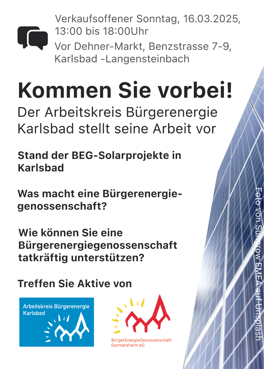 Erneuerbare Energien treiben uns an! Ihr Arbeitskreis Bürgerenergie Kontakt per email: buergerenergie@karlsbad.de