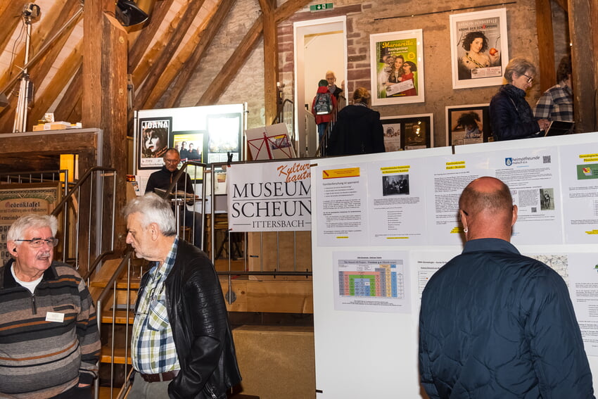 Abteilungsleiter Wieland Mitschele (links i. Bild) präsentierte Informationen zur Ahnenforschung. Im Hintergrund historische Plakate unserer Kleinkunstbühne "MUSEUMSSCHEUNE" mit Abteilungsleiterin Gisela Stumm.