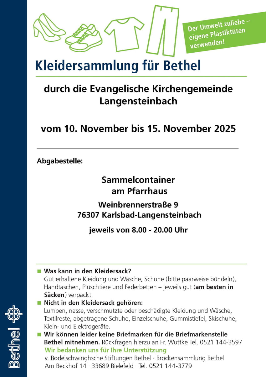 Kleidersäcke liegen im Gemeindehaus und der Kirche aus, ebenso vor dem Pfarramt in der Kiste