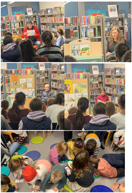 Von links nach rechts: Vorlesepate Claus, Autorin Lena Walde, Flynn und Naemi und das Publikum beim Wörterverschenken am Bundesweiten Vorlesetag in de Bücherei