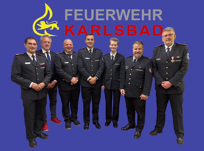 v. l. n. r. Kdt. Holger Fuhr, stv. Bgm. Roland R&auml;dle, Abt. Kdt. Andreas Hocewar, Oberfeuerwehrmann Daniel Nitsch, Feuerwehrfrau Yara Schneider, stv. Abt. Kdt. Jannik Merz, Hauptbrandmeister Torsten Nitsch (Foto: Feuerwehr Karlsbad Abt. Spielberg)